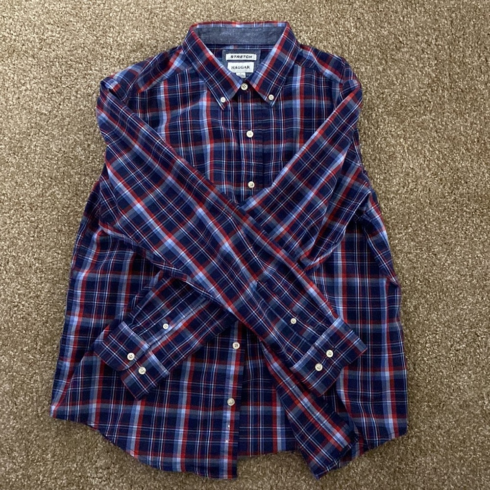 Haggar red/blue plaid Casual button down shirt size L stretch style - Picture 2 of 6